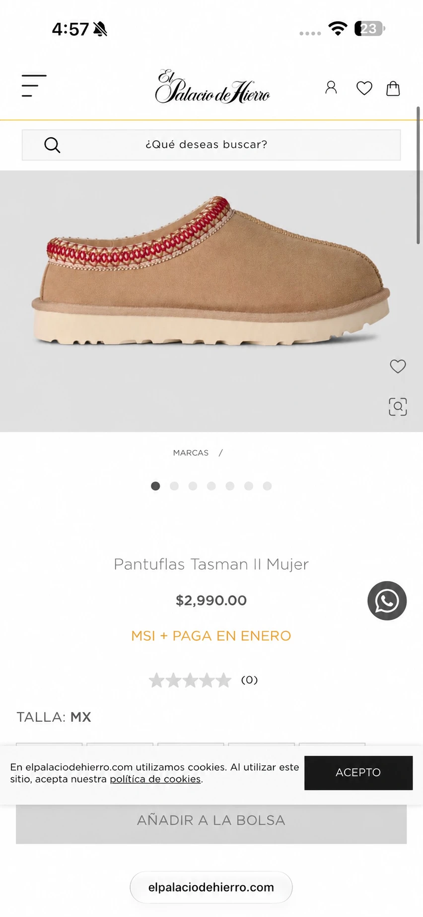 Captura de referencia de El Palacio de Hierro con Pantuflas Tasman II Mujer a $2,990